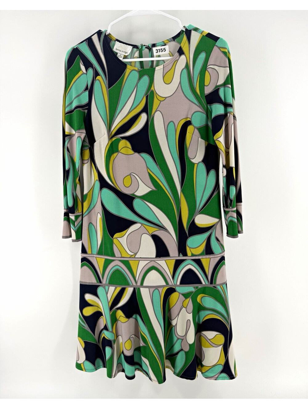 Donna Morgan Womens Size 6 Green Abstract 3/4 Sleeve Shift Dress Zip Stretch